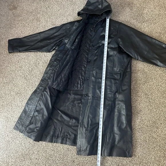 Black Leather Trench Coat 3XL 90s Goth Biker Duster Hooded Fantasy Matrix Neo - Picture 7 of 16